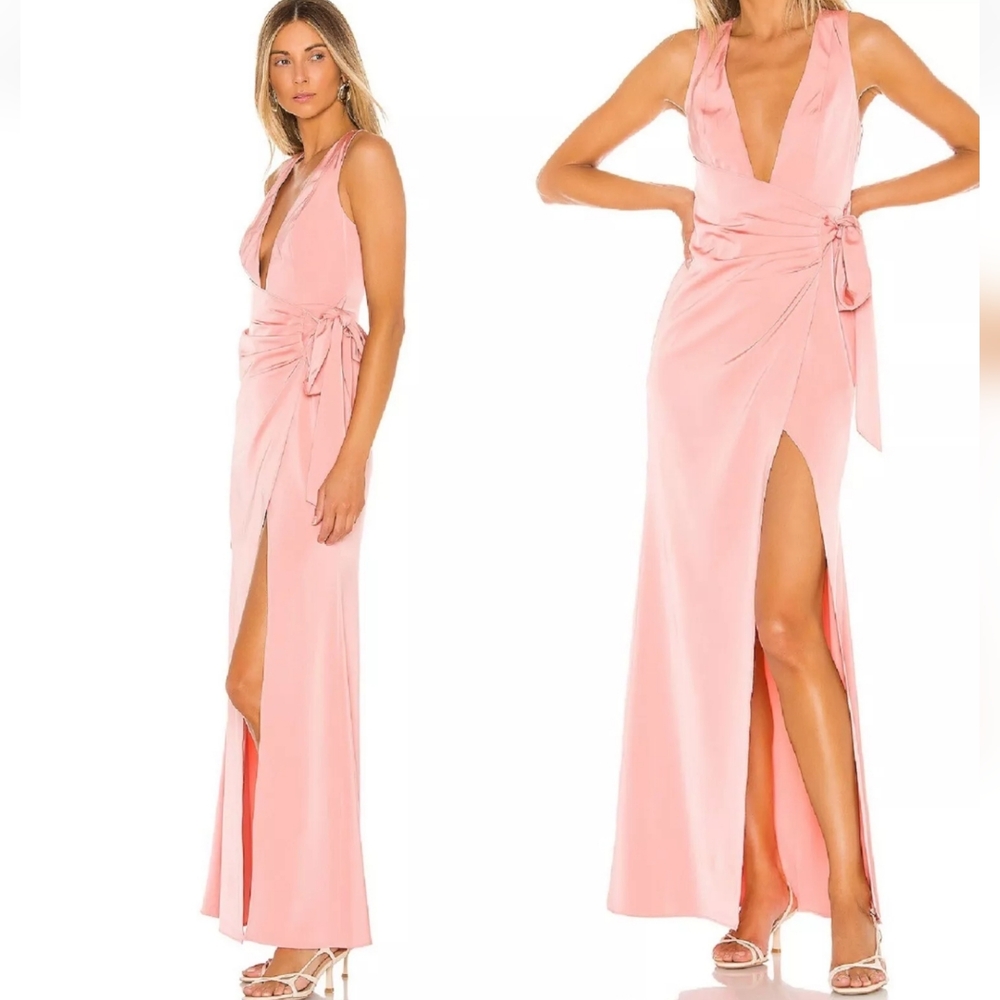 Lovers & Friends CHICHIRA GOWN Pink satin faux wrap plunge neck maxi gown